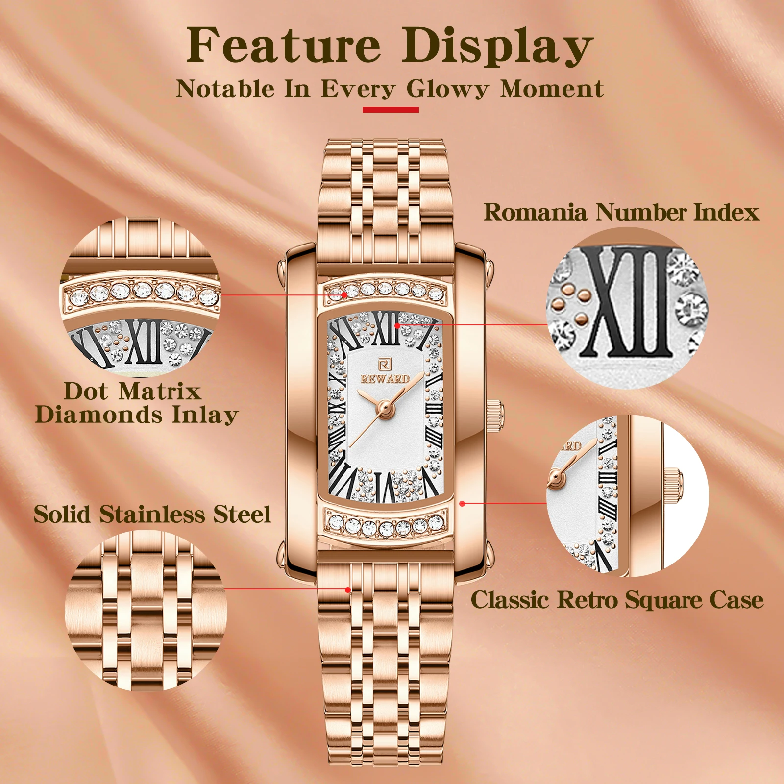 REWARD Rose Gold Quartz Watch for Girl Waterproof Luminous Diamond Women Watch for Ladies Fashion Clock view 3