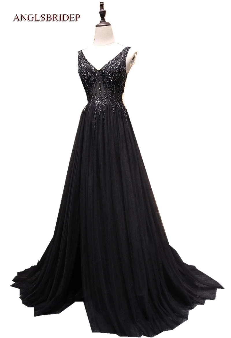 

Angelsbridep Sexy Backless V-Neck Shiny Sequined Evening Dresses Long Black A-Line Women Formal Occasion Gowns Robe De Soirée