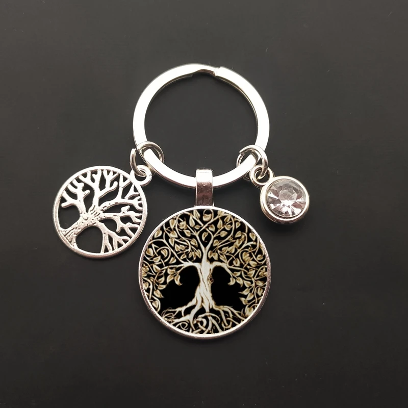 New round tree of life key chain crystal stone pendant key chain key ring car bag glass cabochon wholesale jewelry image 5
