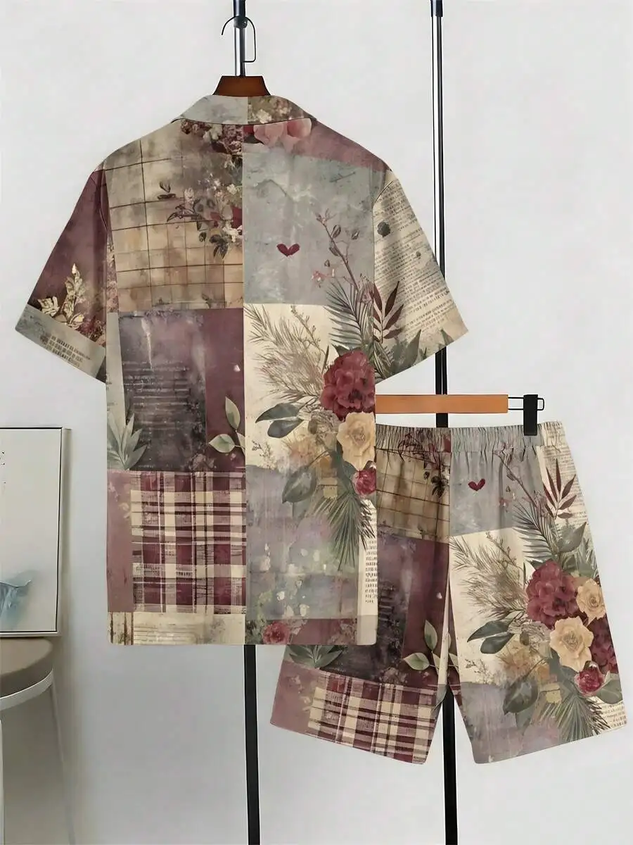Mens Cuban Collar Shirt And Shorts Set Vintage Patchwork Floral Print Casual Loose Fit