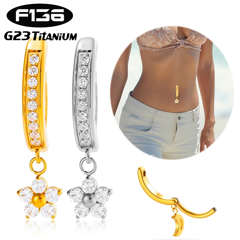 1PC ASTM F136 Titanium Piercing Belly Button Ring Reverse Curved Navel Ring Zircon Flower Pendant Navel Piercing Body Jewelry