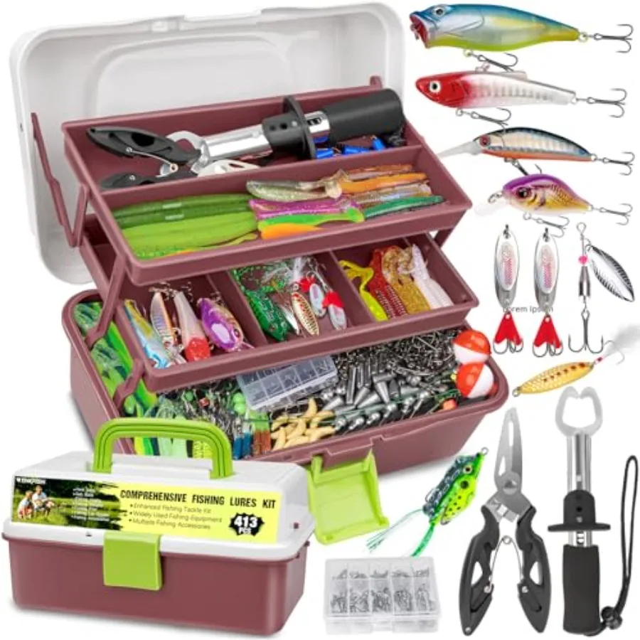 

Fishing Lures Kit, Bass Fishing Gear Kit for Freshwater Tackle Box with Tackle Included Topwater Baits, Swimbaits, Frog, Fsihin