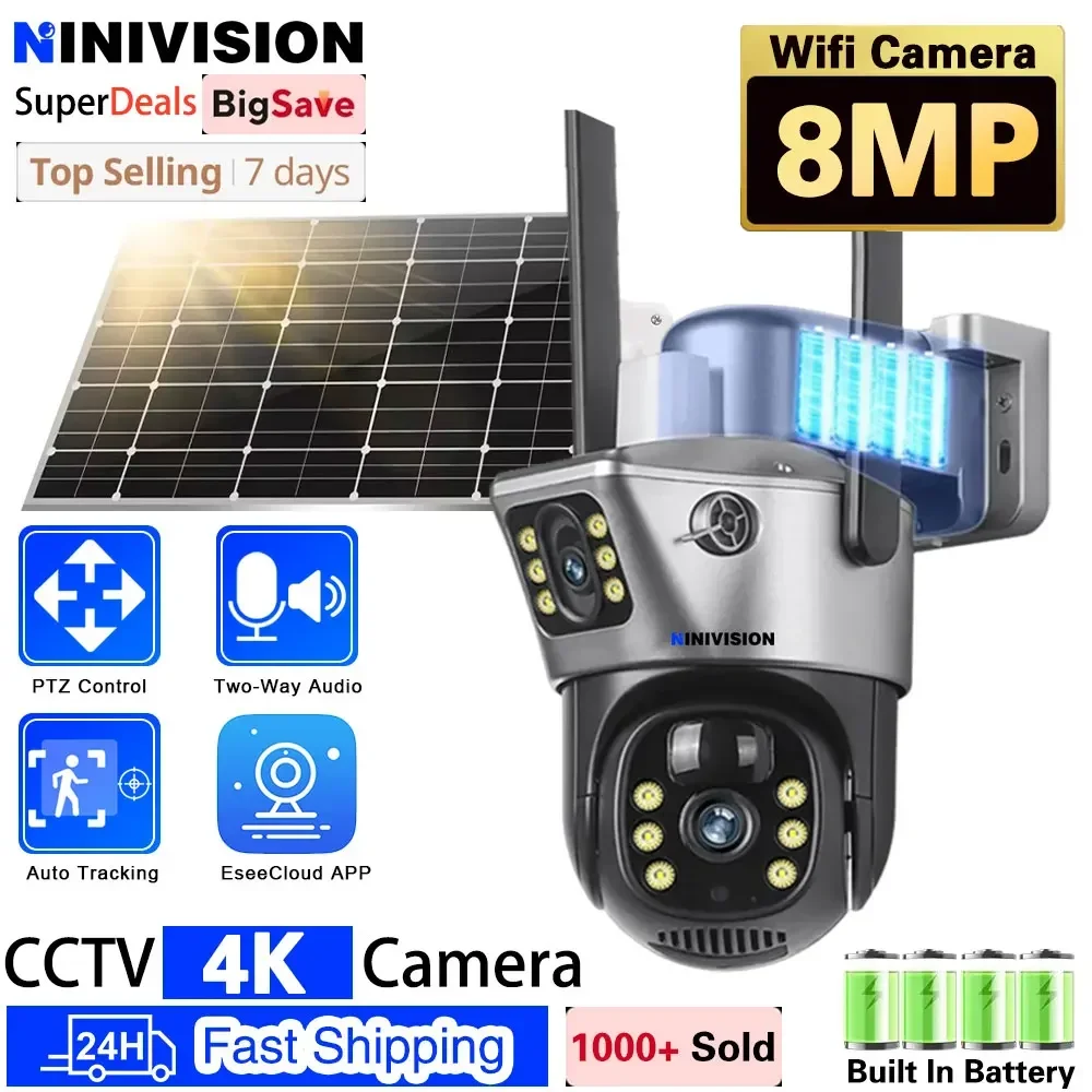 

4K 8MP Solar WiFi Camera Outdoor Built-in Battery Dual Lens Security Camera Solar Panel Wireless Video Surveillance CCTV Audio