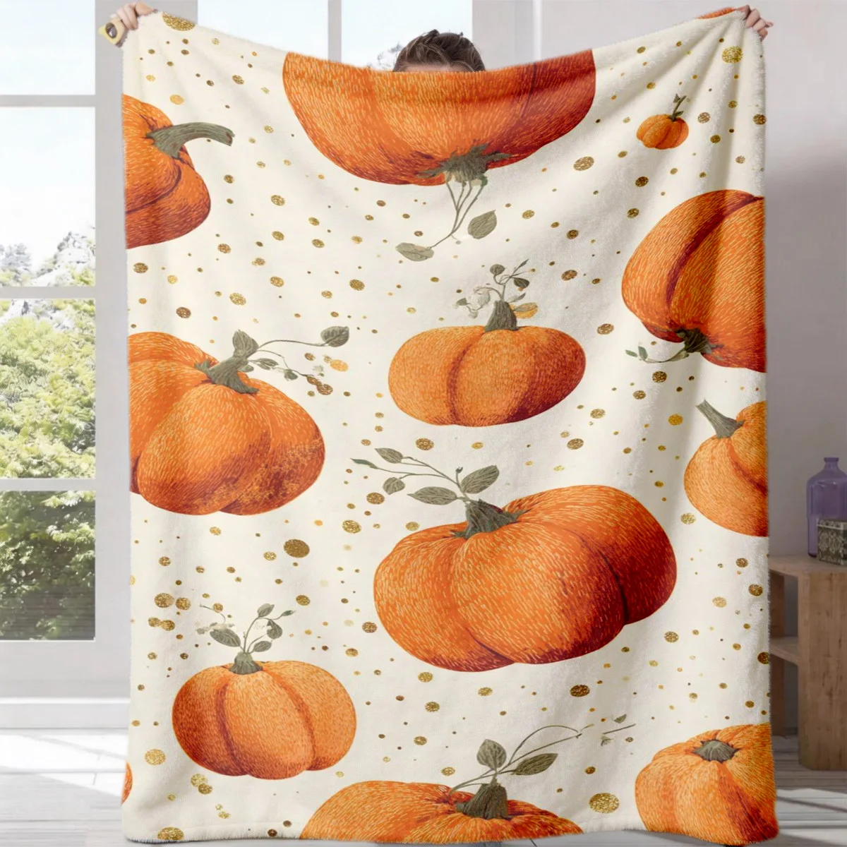1pc 2D Flat Autumn Pumpkin Golden Dot Digital Print Flannel Blanket - 100% Polyester, All-Season Lightweight Warm Suitable for B