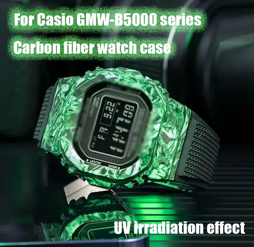 

Carbon fiber Watch case For Casio GMW-B5000 series Modifying Green Luminous watch case Men's Wrist Strap Case With night light