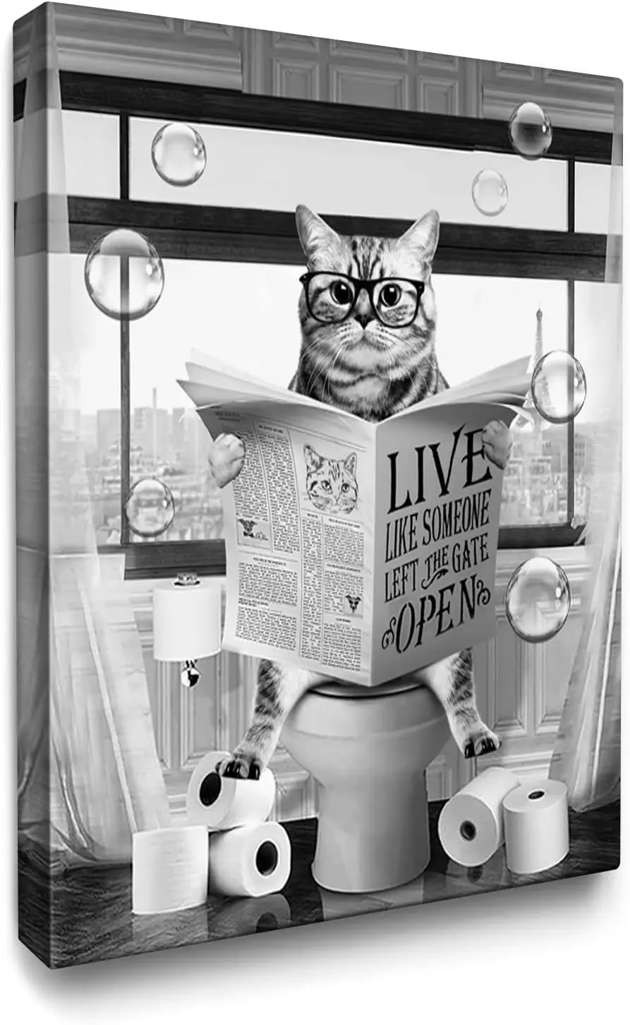 Luslya Funny Cat Bathroom Decor Canvas Wall Art Cute Cat Sitting in Toilet Reading Newspaper Painting Black and White Bathroom W