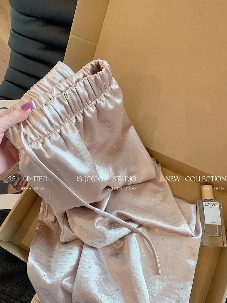 

Pink hot diamond acetate satin casual pants women's 2025 new gentle fashion loose straight drop floor pants
