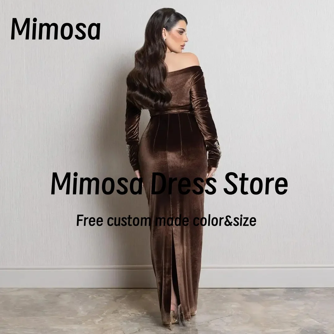 Mimosa Soft Velour Prom Dresses Beading Long Sleeves Evening Gowns Zipper Back Slit Bespoke Party Special Dress Customized