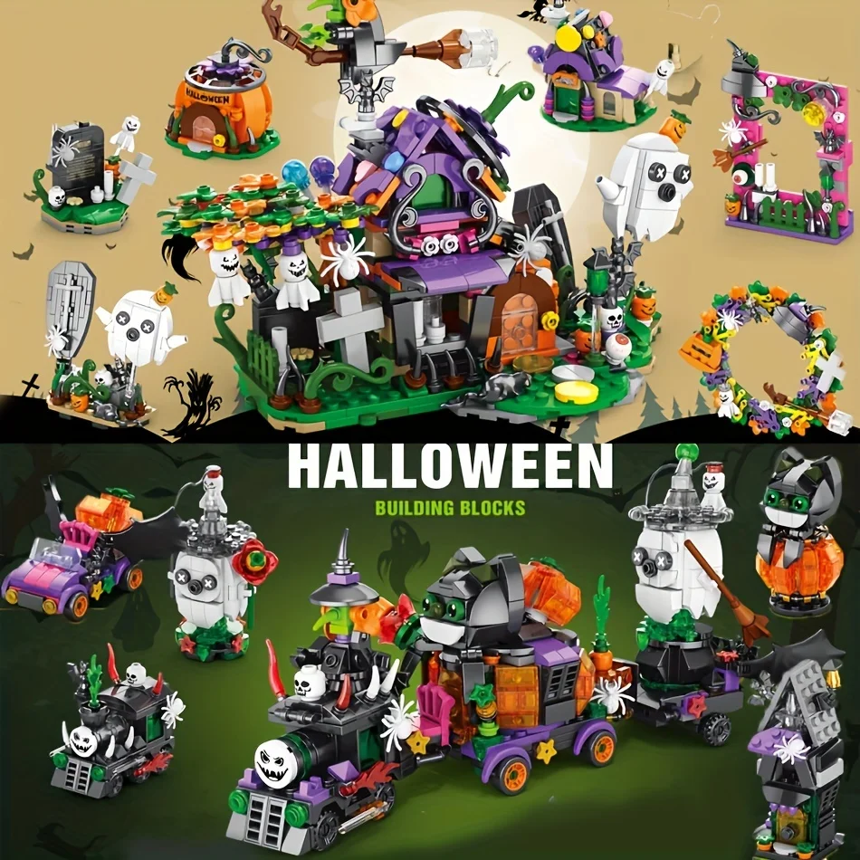 Halloween 6 In 1 Bouwsteen Set Snoep Pompoen Huis Spooktrein Model Bakstenen Desktop Collectie Diy Speelgoed Kinderen Kerstcadeaus