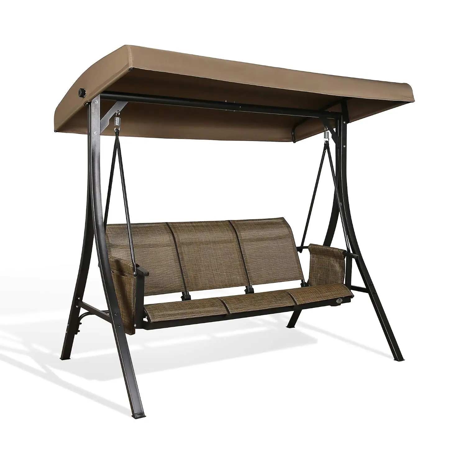 Patio 3-Seat Textilene Porch Swing, Outdoor Swing Glider with Stand and Adjustable Polyester Canopy (Brown), Customized