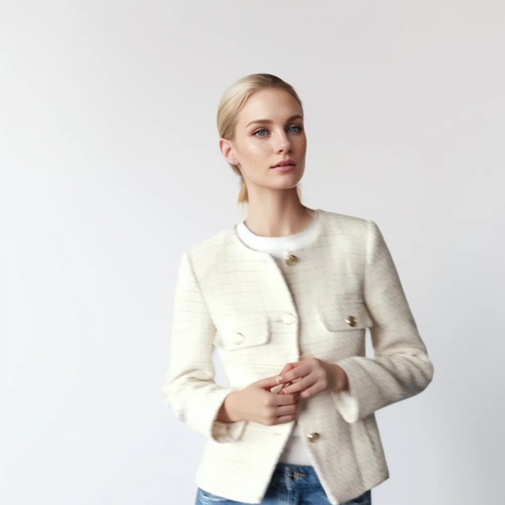 

UNIZERA women's slim fit small fragrant style round neck button decoration flap pocket belt new spring and summer jacket