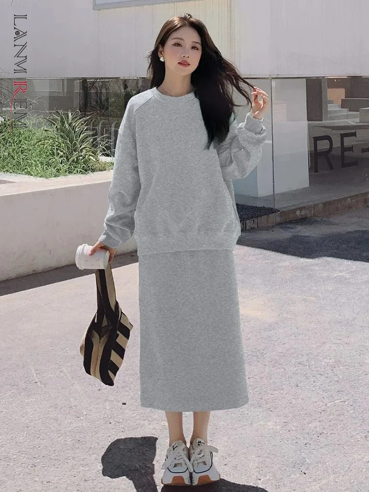 

LANMREM Versatile Solid Color 2 Piece Set Women Round Neck Pullover Tops High Waist A-line Skirts Fashion 2024 Spring 2AA5211