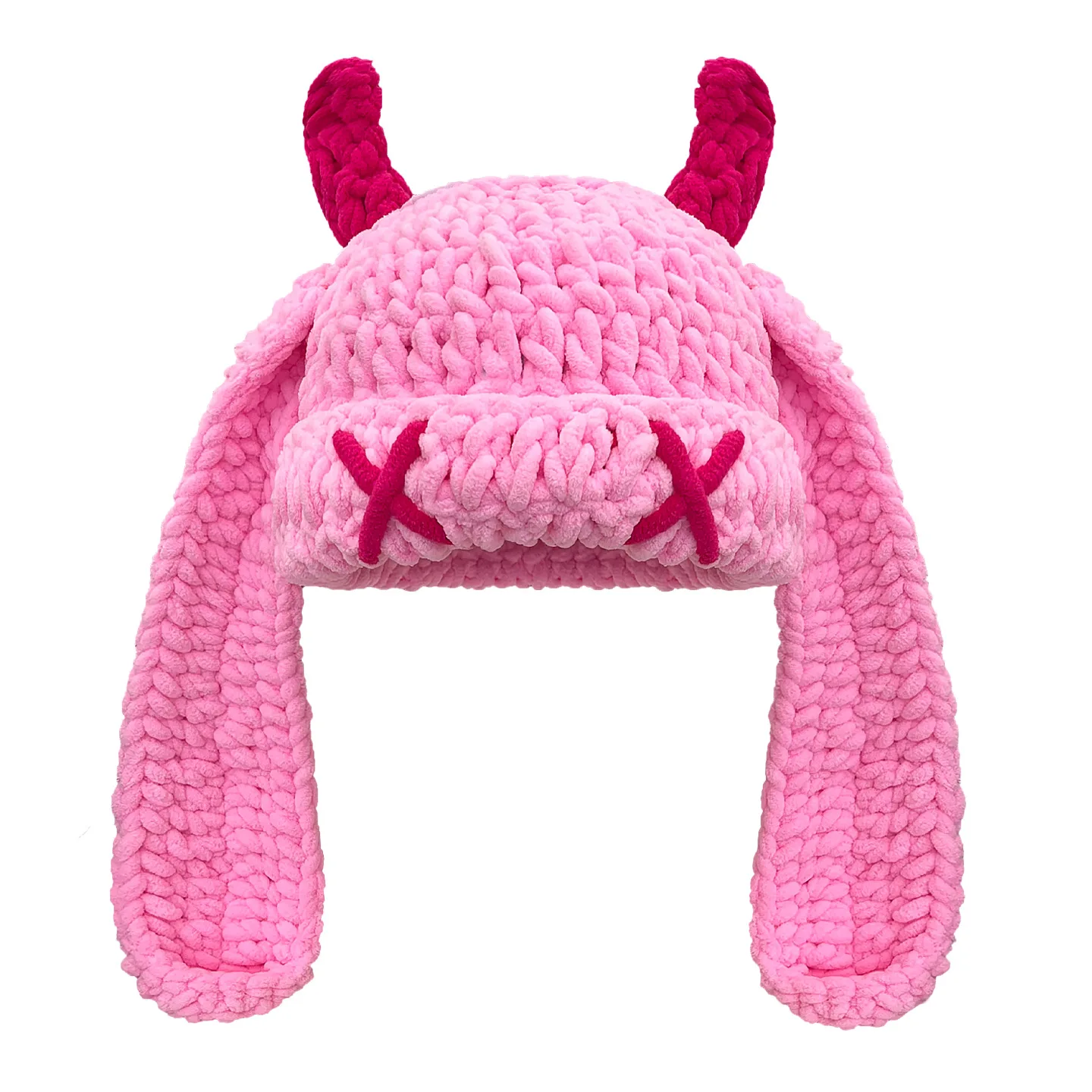 قبعة متماسكة على شكل قرن الشيطان من الكروشيه يدويًا، قبعة صوف عصرية للخريف والشتاء، سميكة ودافئة، ناعمة الملمس، تصميم أرنب طويل الأذن، قبعة عصرية وفريدة من نوعها للطقس البارد، مناسبة لملابس غير رسمية للاستخدام اليومي.