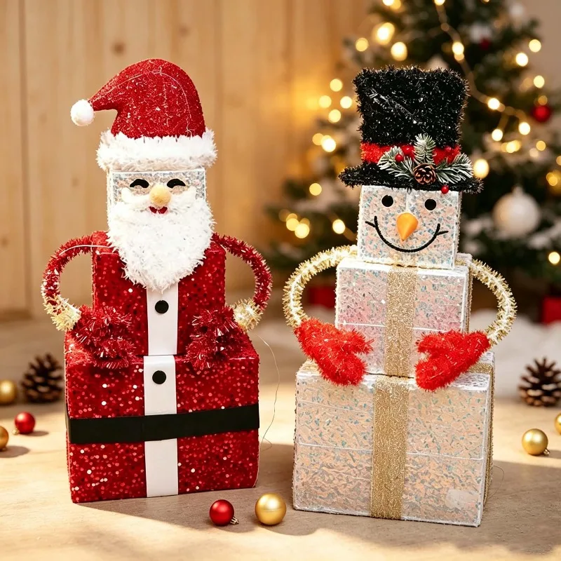 Light Up Iron Gift Box for Christmas Festive Stacking Display Prop for Party Holiday Atmosphere Decor Glowing Present Ornaments