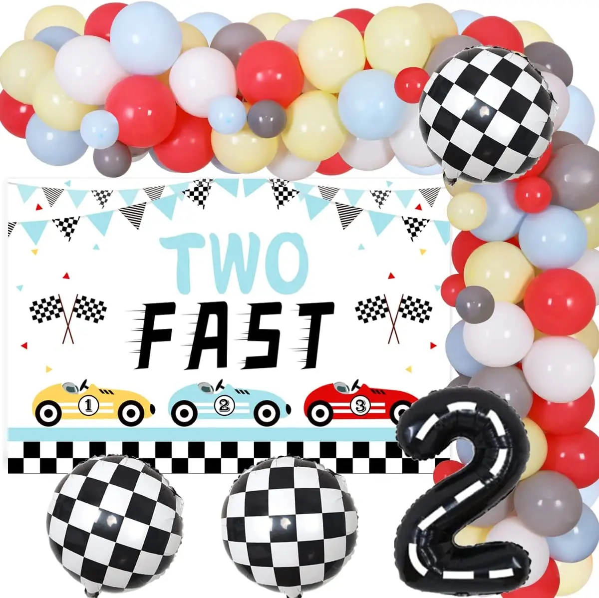 

Vintage Race Car Balloon Garland Kit, 2 Fast Birthday Party Decorations for Boy Baby, Racing Backdrop for 2nd 2 Years Decor