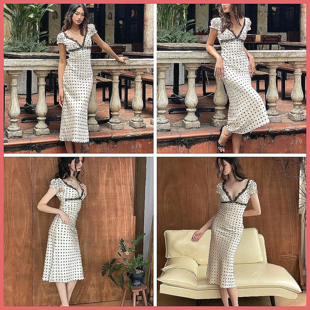 Sexy Polka Dot Lace Dress for Women, Backless V-Neck Short Sleeve Retro Party Midi Dress
