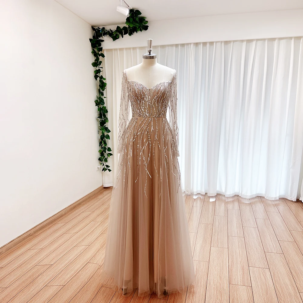 Luxury Dubai Wedding Evening Dresses for Women 2023 Elegant Sweetheart Long Sleeves Aline Beads Arabic Formal Prom Party Gowns