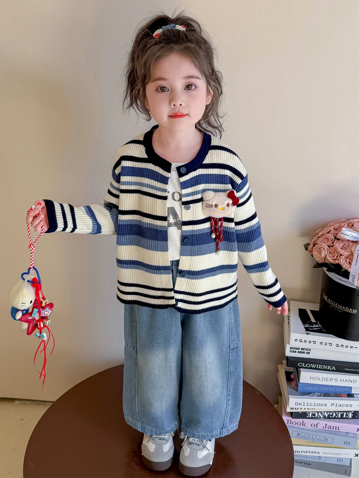 Cappotto maglione lavorato a maglia a righe da ragazza Casual lungo Sve Autunno Sle Capispalla Comodo vestibilità ampia rotondo Ne Bottone singolo Cl...