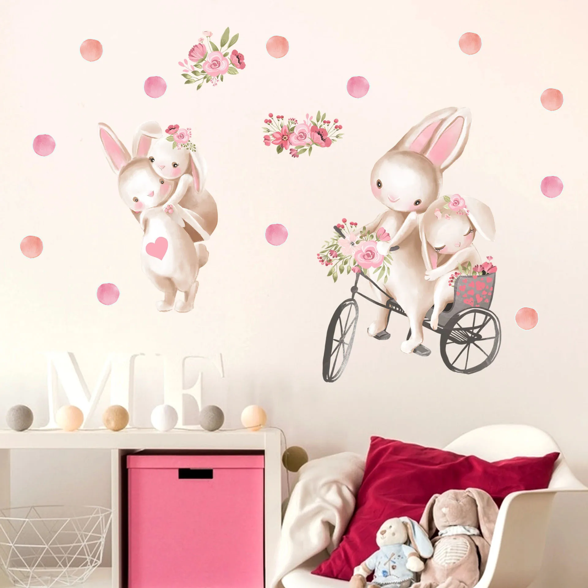 Cute Bunny Dots Wall Stickers for Children Girls Baby Room Decor Cartoon Animals Nursery Wallpaper Vinyl Kids Room Decoration