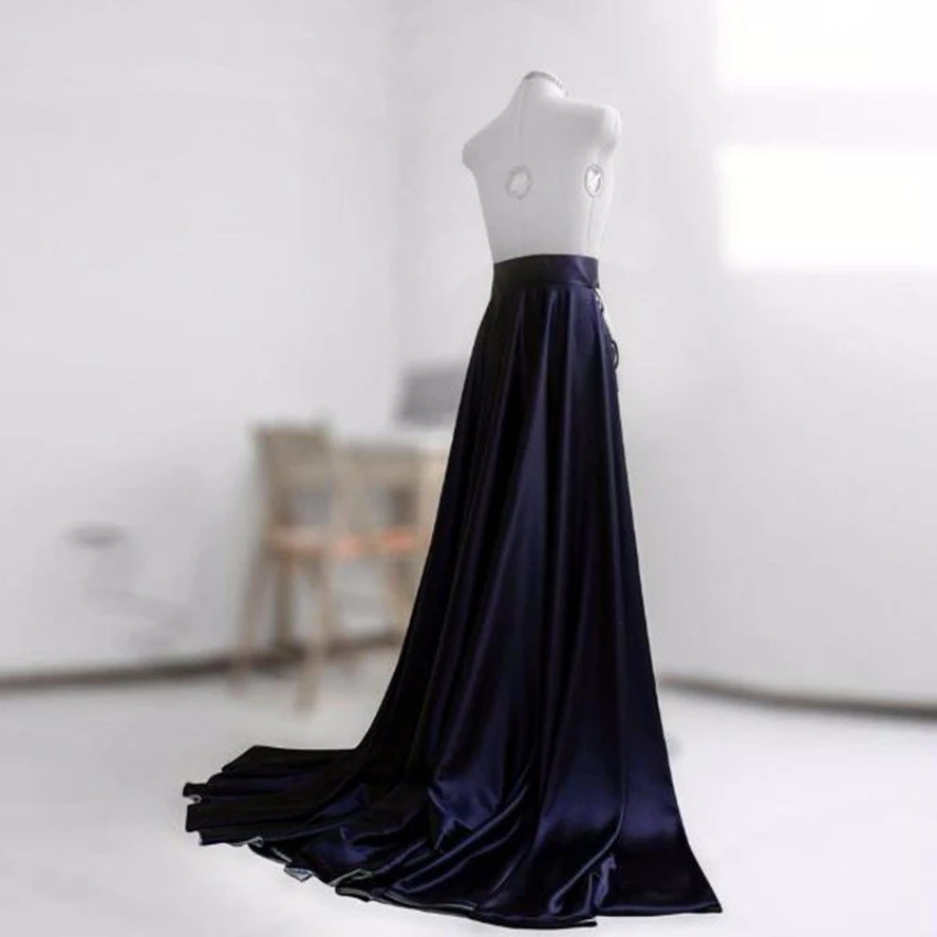 Navy Blue Detachable train A Line Satin Long Wraps Skirts For Party Occasion With Female Maxi Skirt Custom Made Women Overskirt