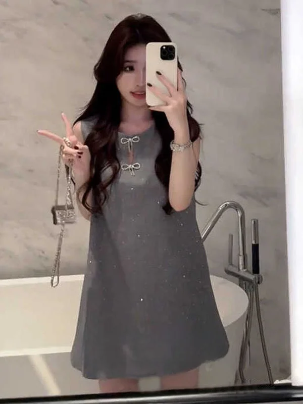 

Elegant round Neck Sleeveless Dress with Knot Unique Fashion Design Summer New Style Women's Vest Skirt