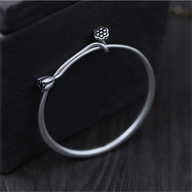 Uglyless Real S990 Silver Women Fine Bangles Handmade Lotus Bangle Simple Fashion Ethnic Bracelets Buddhism Statement Jewelry