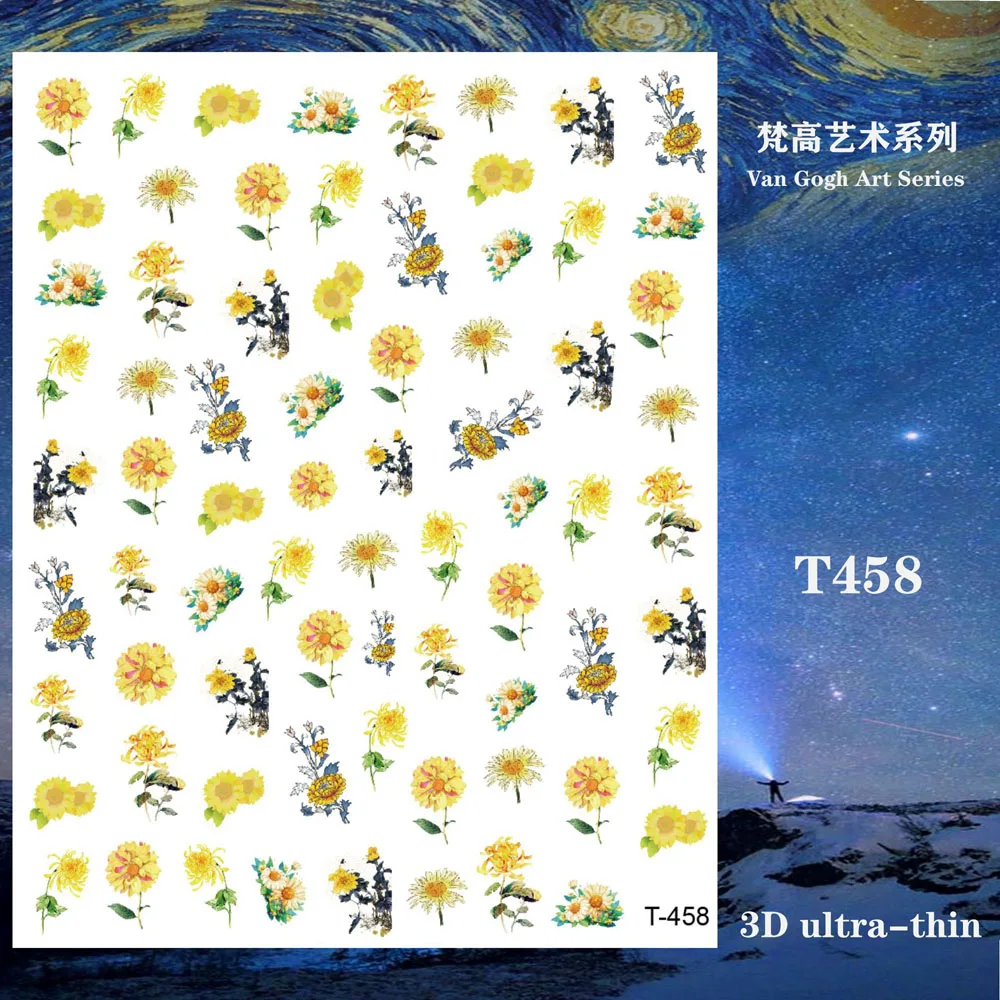Pegatina de Arte de uñas romántica de la noche de Van Gogh, adhesivo, Luna, cielo estrellado, crisantemo, envolturas de pintura al óleo, deslizador de uñas de impresión, 1 ud.