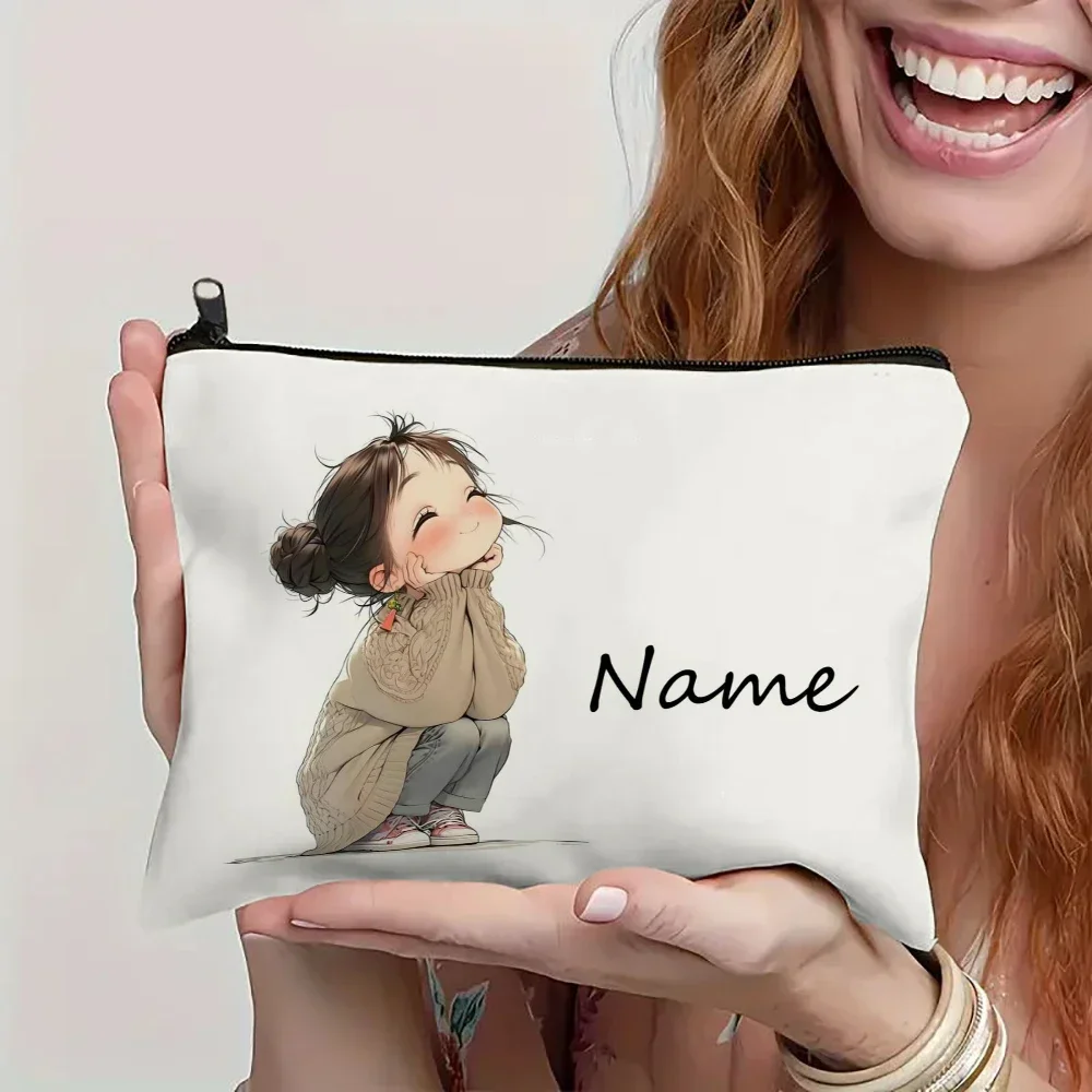 Personalized Chinese Style Girl Illustration Canvas Cosmetic Bag - Custom Name Zipper Pouch Makeup Organizer Cute Gift for