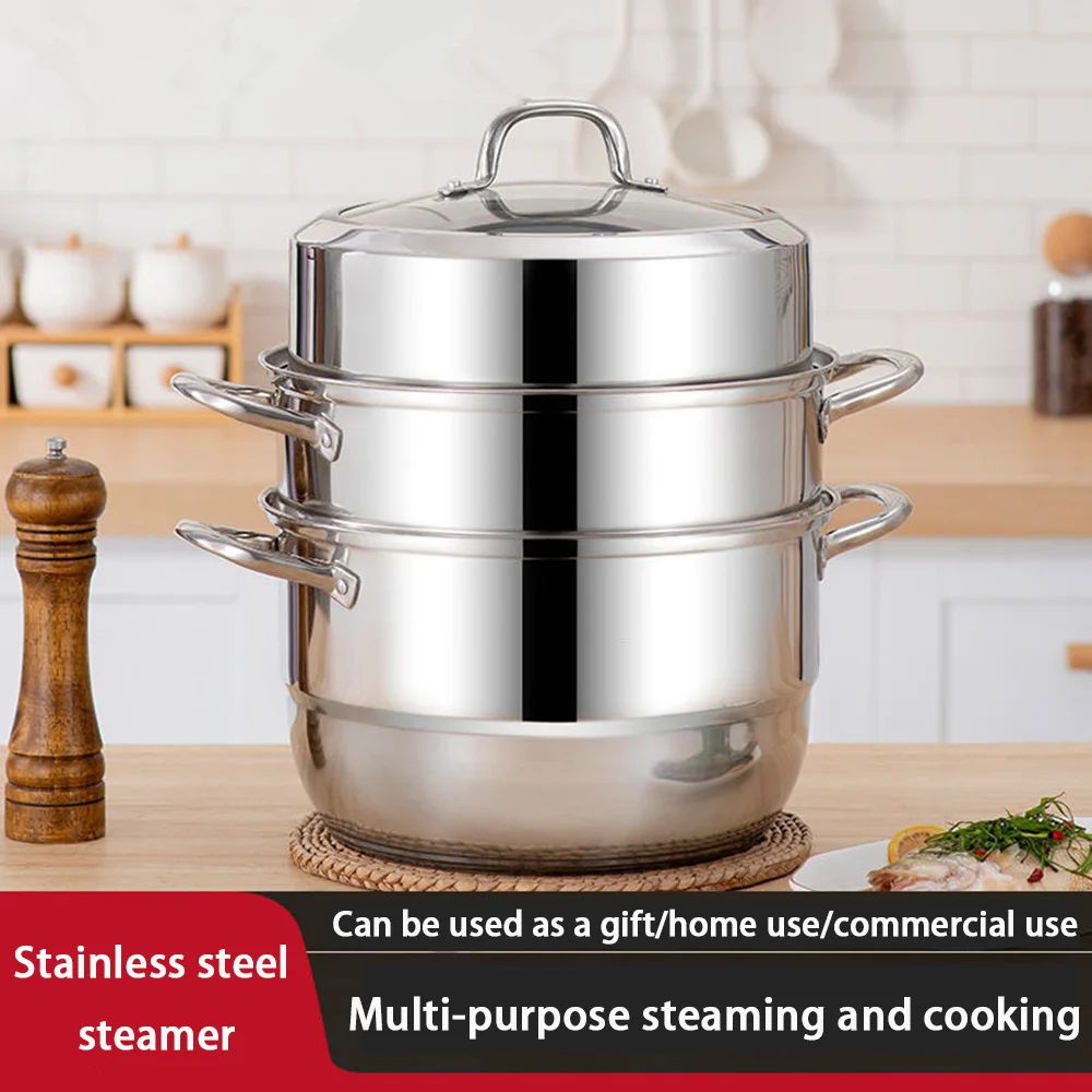 

Трехслойный пароварка из нержавеющей стали, корпус кастрюли x1, крышка x1, отсек для пропаривания x1, ломтики на пару x2