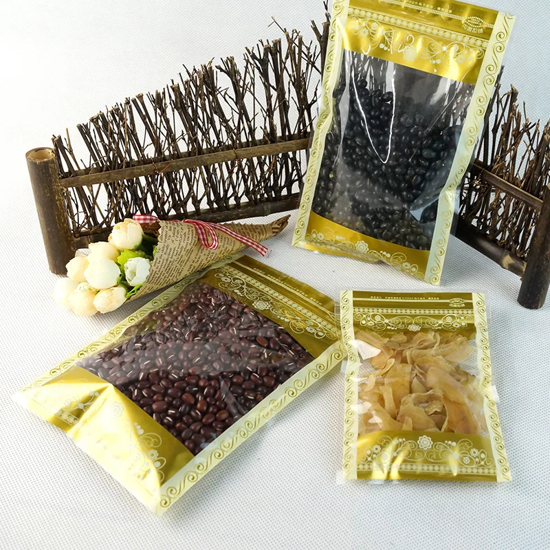 100pcs Transparent Self Sealing Bags with Golden Yellow Lace Printing - Zipper Reusable Plastic Fancy Pouch Gift Candy Packaging