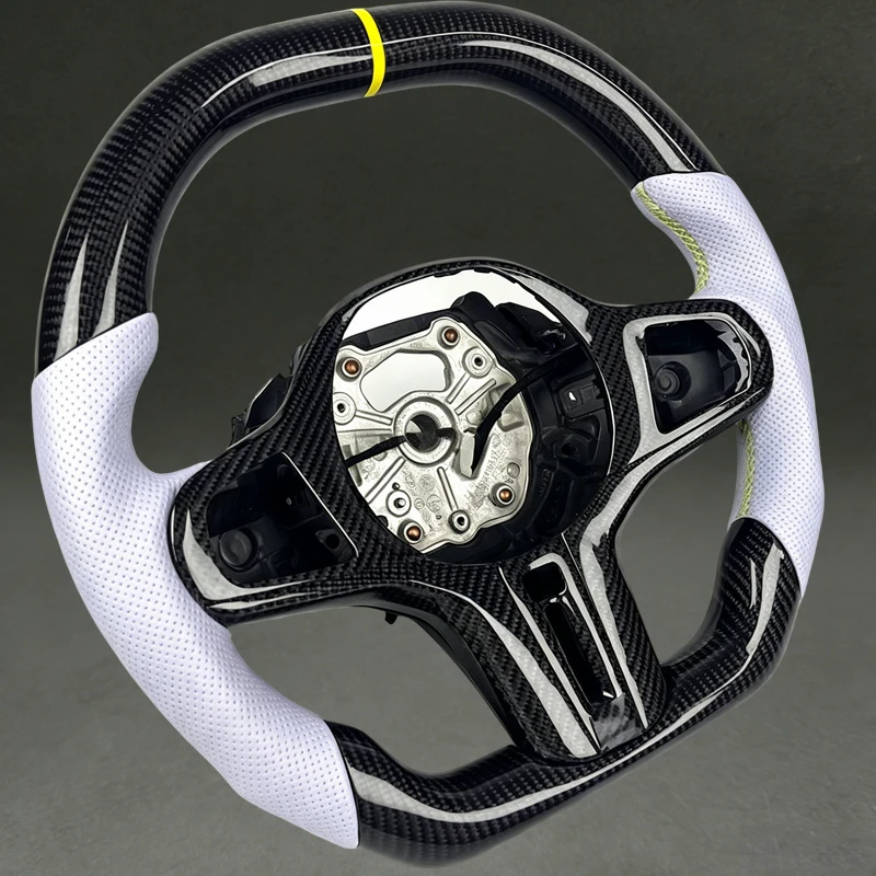 Steering Wheel Carbon Fiber Black for BMW G20 G38 G82 G21 with White Perforated Leather for BMW G20 G38 with Flat Top Bottom