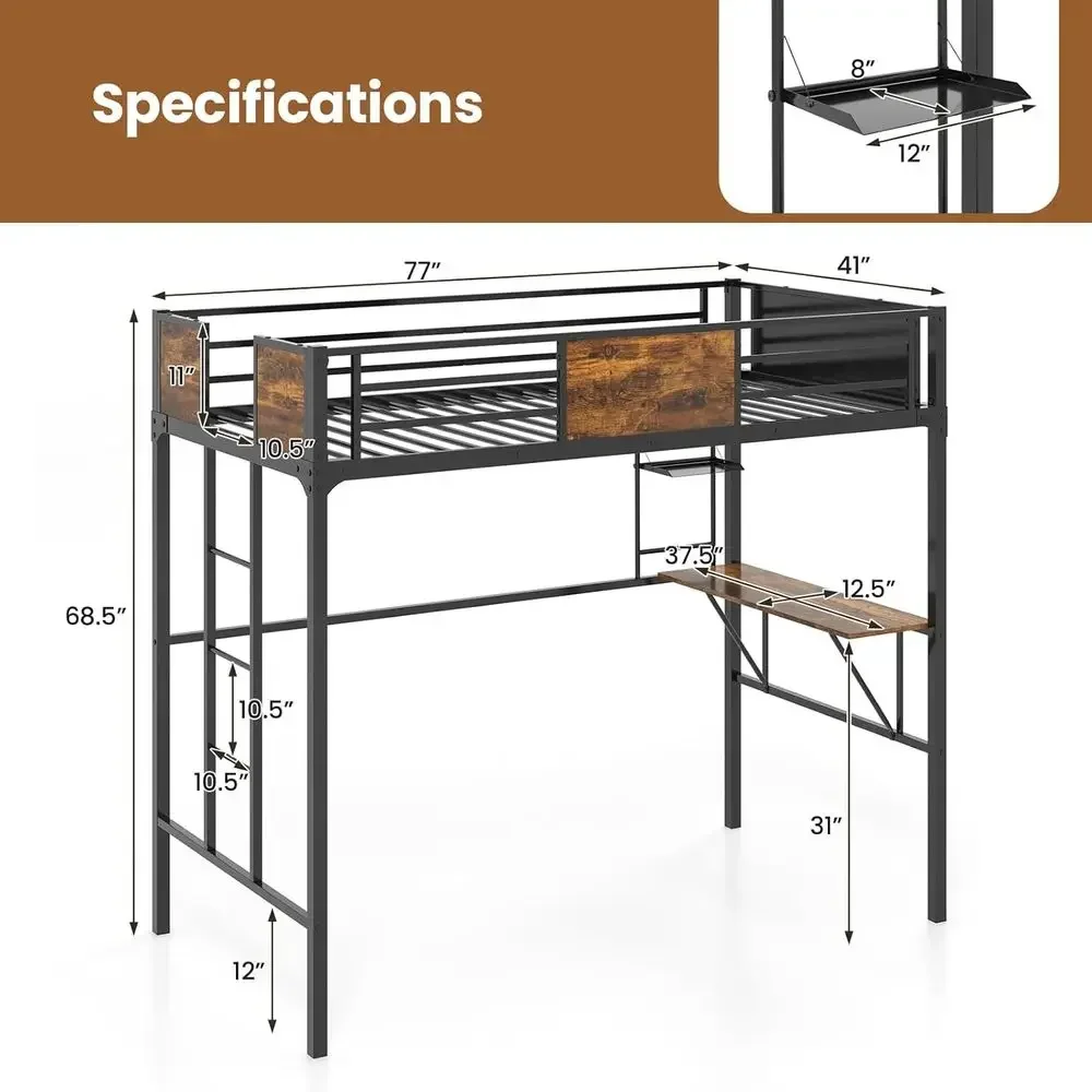 Twin Size Loft Bed with Desk, Storage, Safety Rail & Ladder - No Box Spring Needed