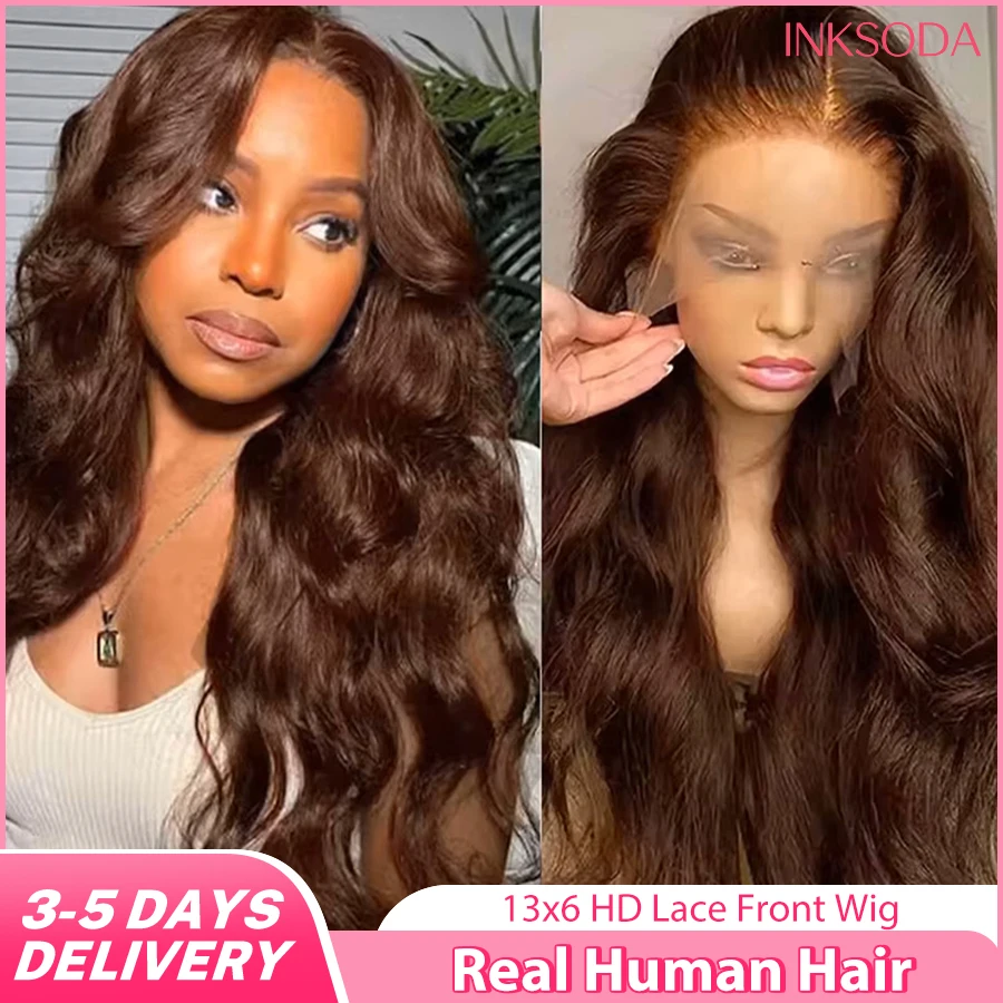 

Парик из натуральных волос Body Wave, 220% плотность, 34 дюйма, шоколадно-коричневый, бразильский, с HD кружевной фронтальной частью 13x6 # 4-цветный парик с кружевной передней частью 13x4