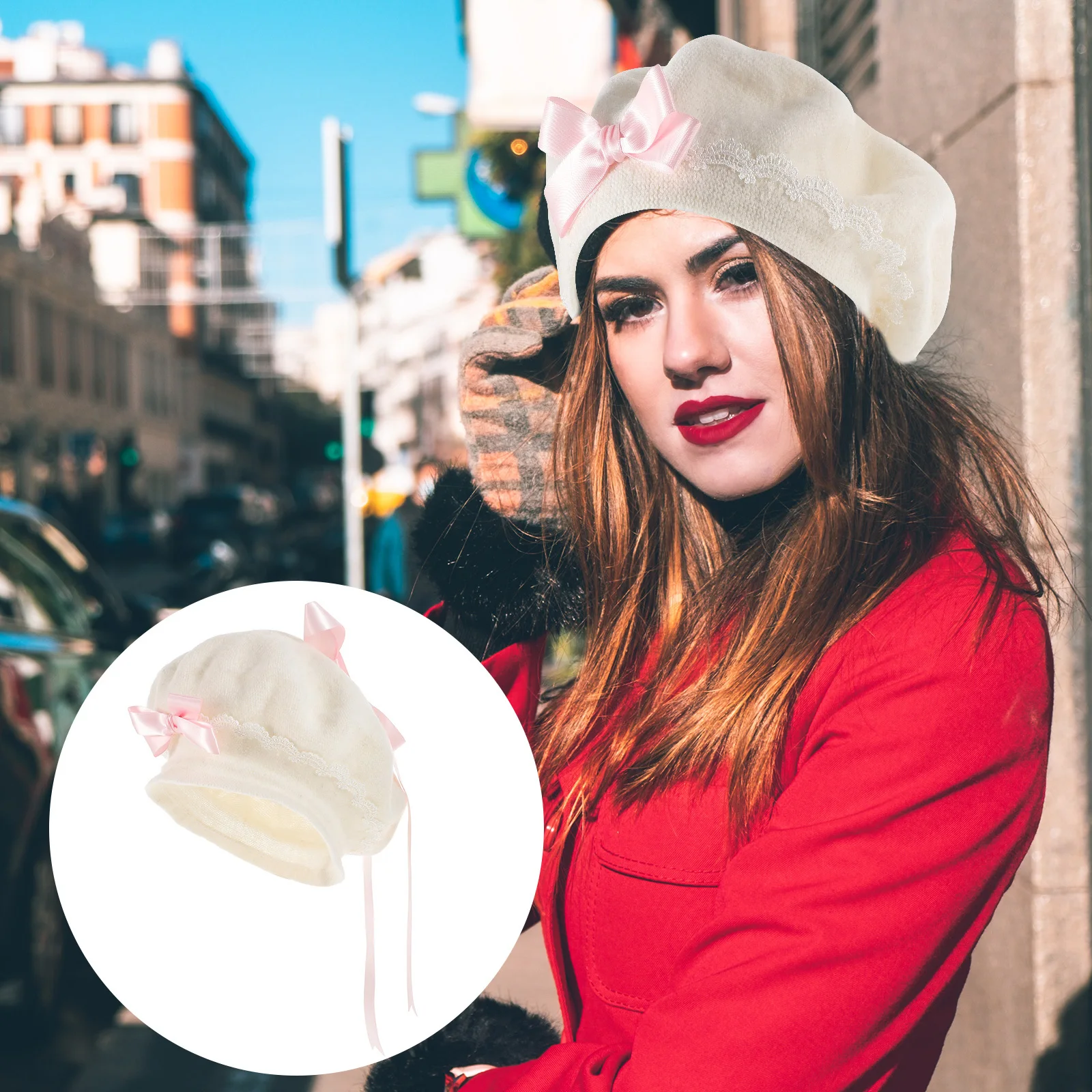 

Wool Beret Hat with Bow Knot Design Stylish Women Girls Beige Beret Cap Cute Kawaii Headwear for Shopping Work Theme Party