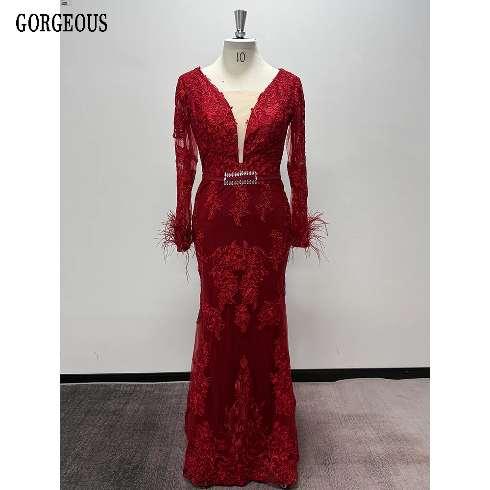 Silver Prom Dresses 2025 Women V-Neck Long Sleeves Feathers Evening Gowns Lace Applique Beaded  Sexy Mermaid Formal Party Dress