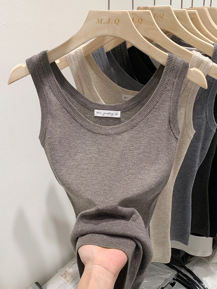 Slim Fit U-Neck Sports Knitted Vest Women's Sleeveless Top Inner Wear Summer Autumn New Style Anti-Light Shoulder Strap Vest