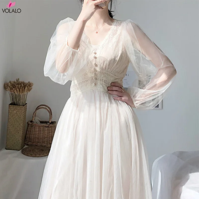 

VOLALO 2024 Women Spring Dress Vintage Elegant with Button A-Line Dress Solid Puff Sleeve Lace Voile Mesh Dress Women Vestidos