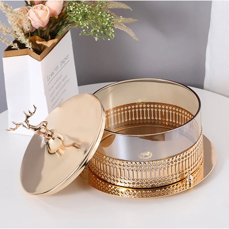 European Gold Glass Storage Jar Metal Openwork Art Fruit Plate Deer Candy Dried Fruit Box Gold Plated Jewelry Jar with Lid New