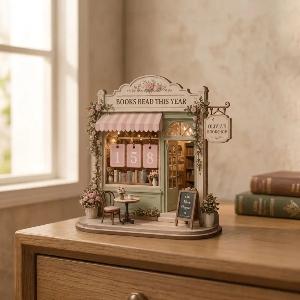 2D Flat Wooden Reading Tracker Vintage Fairy House Reading Challenge Tracker Flip Tile Counter Book Calendar Book Tracker Sign