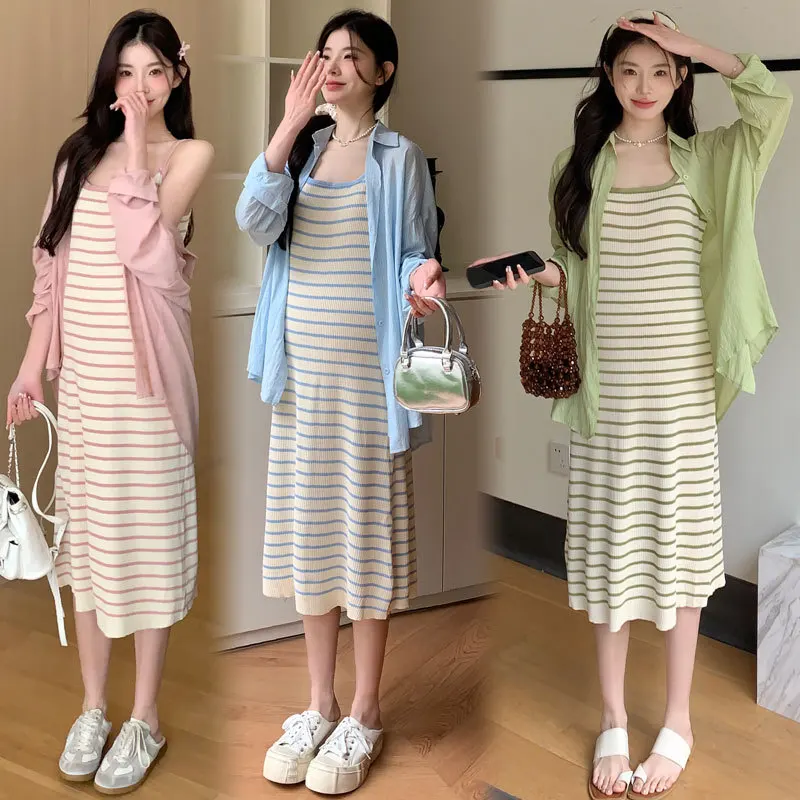 Summer Maternity Set: Knit Striped Sundress + UV-Protection Shirt - Slimming & Breathable Two-Piece Pregnancy Outfit for Moms