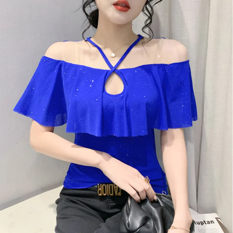 

#5325 Black Blue Mesh T Shirt Woemn Hollow Out Ruffles Sexy Skinny Off Shoulder T Shirt Female Short Sleeve Thin Elastic Summer