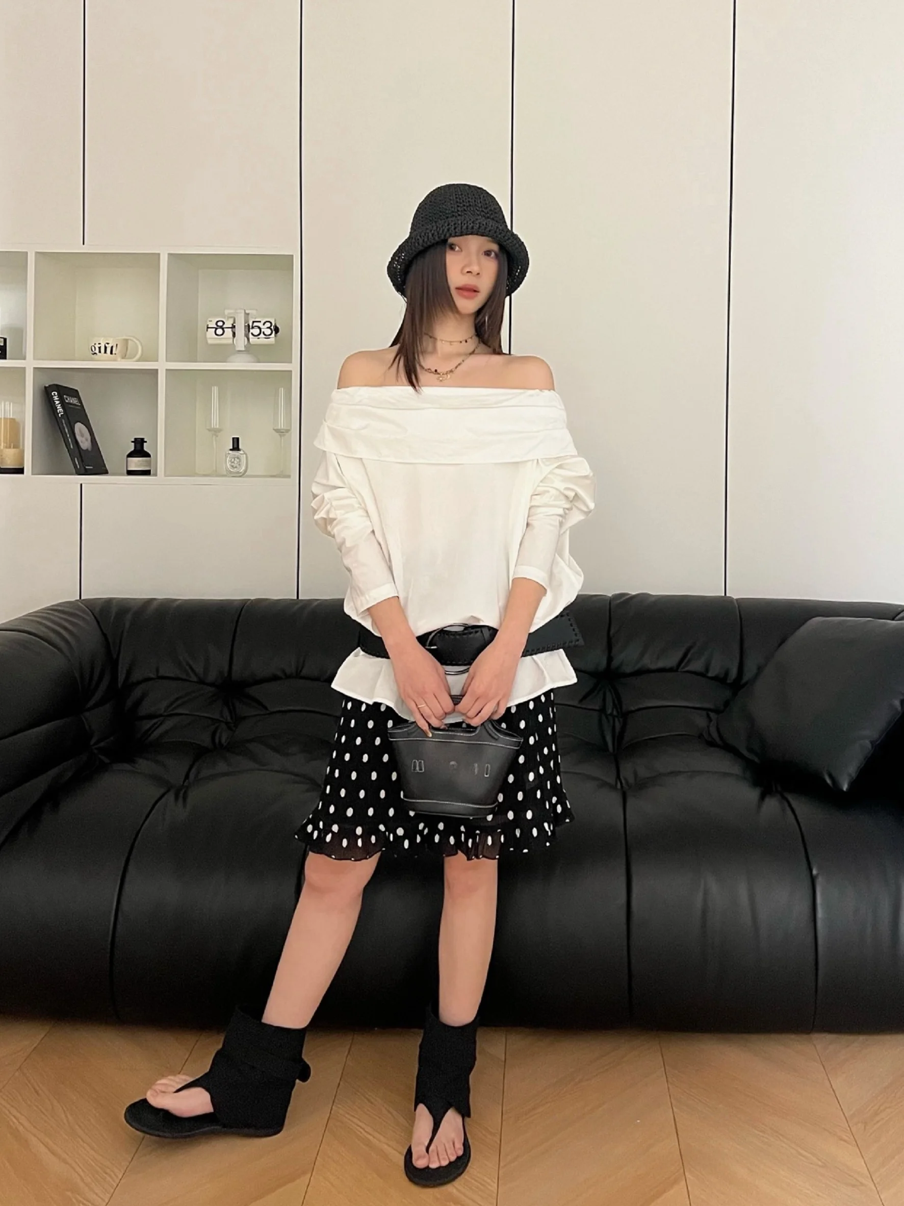 

White Off-Shoulder Long Sleeve Shirt Women's Spring Korean Style Simple Loose Shirt French Style Loose Fit Color Top