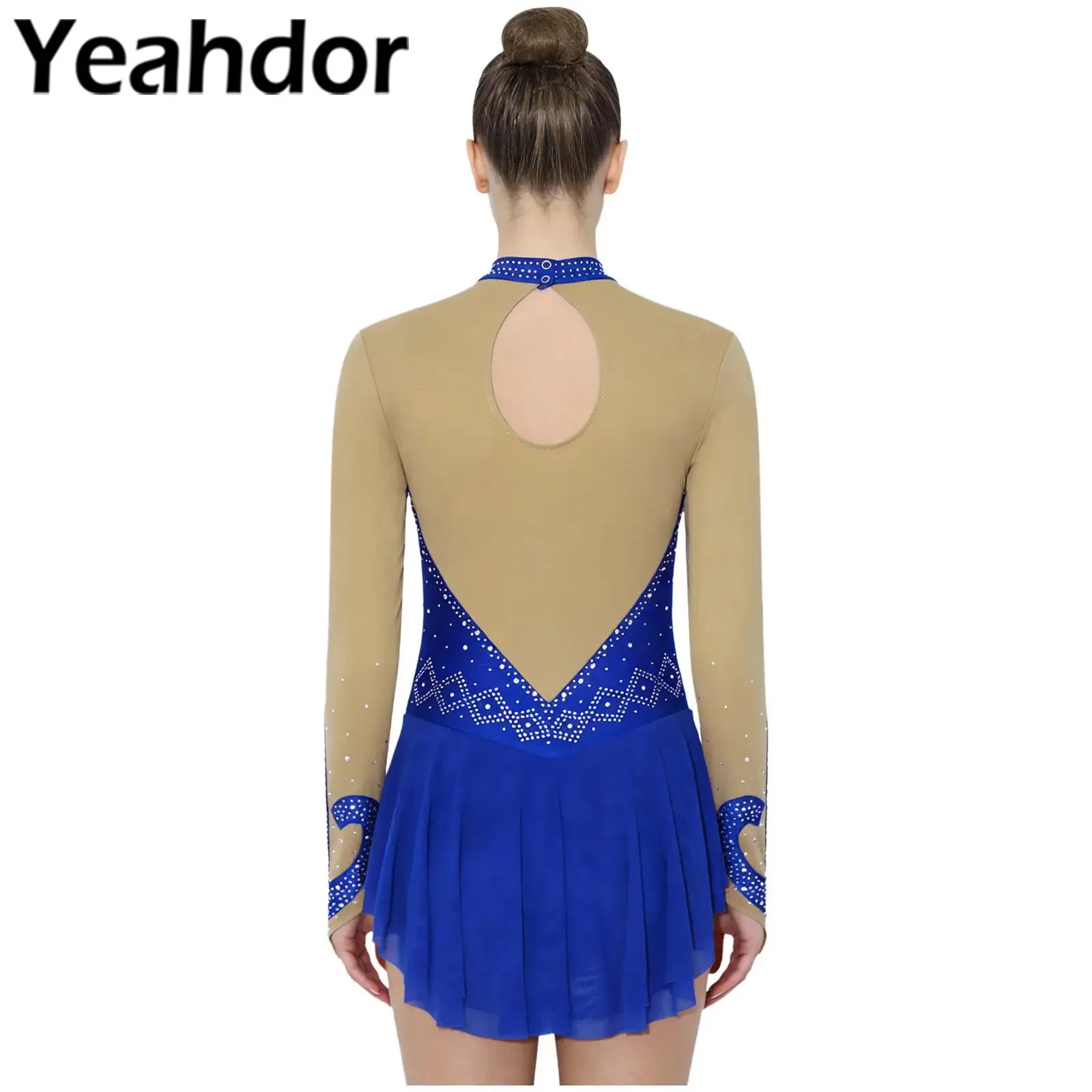 

Женское платье-боди для фигурного катания с длинным рукавом, стразами, вырезом на спине, двухслойной сетчатой отделкой по низу, для гимнастики и тренировок