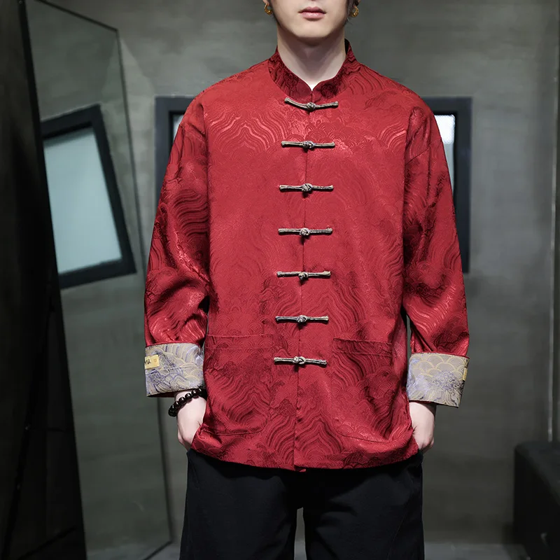 New Chinese Style Tang Clothes Mandarin Collar Button Down Qipao Top Big Size Jacket Male Loose Hanfu Jacquard Costume Shirt