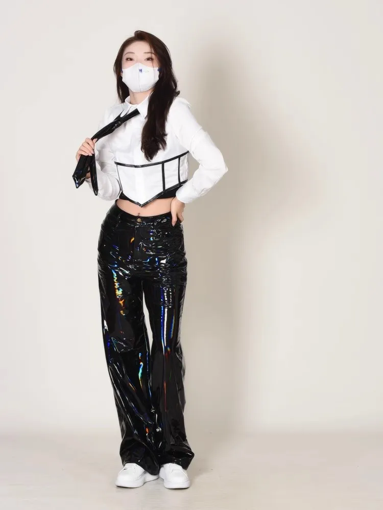 Laser Hologram Wide Leg Low Waist Trousers Stage Show Dance Hip Live  Music Festvial Costumes PU Leahter Pants Punk