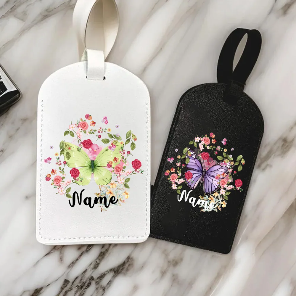 Personalized Black and White Floral Luggage Tag with Butterfly Design Customizable with Name for Travel Identification