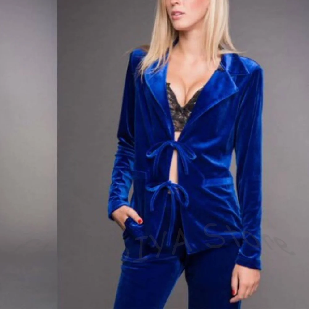 

Elegant Blue Velvet Women's Suit Two Pieces Notch Lapel High Quality Solid Color Work Suit Daily Casual Fashion Outfit Set