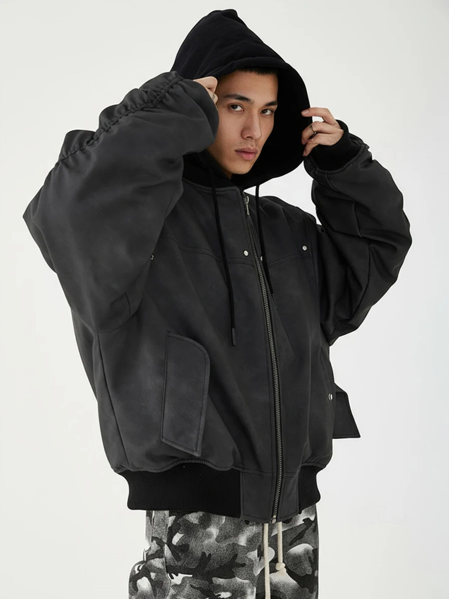 

Американская ретро-куртка-бомбер с капюшоном из искусственной кожи, свободная летная куртка из хлопка для мужчин, зимняя повседневная водонепроницаемая куртка