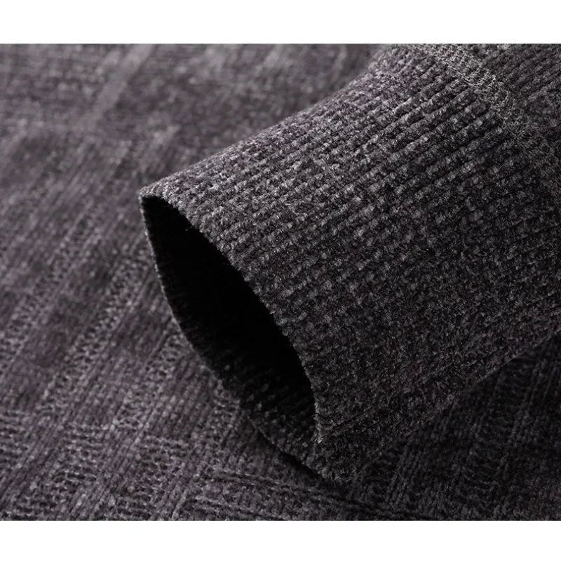 Suéter de pelúcia estampado masculino, gola redonda, solto e quente, top de malha, monocromático, grosso, homens de meia idade, outono, inverno