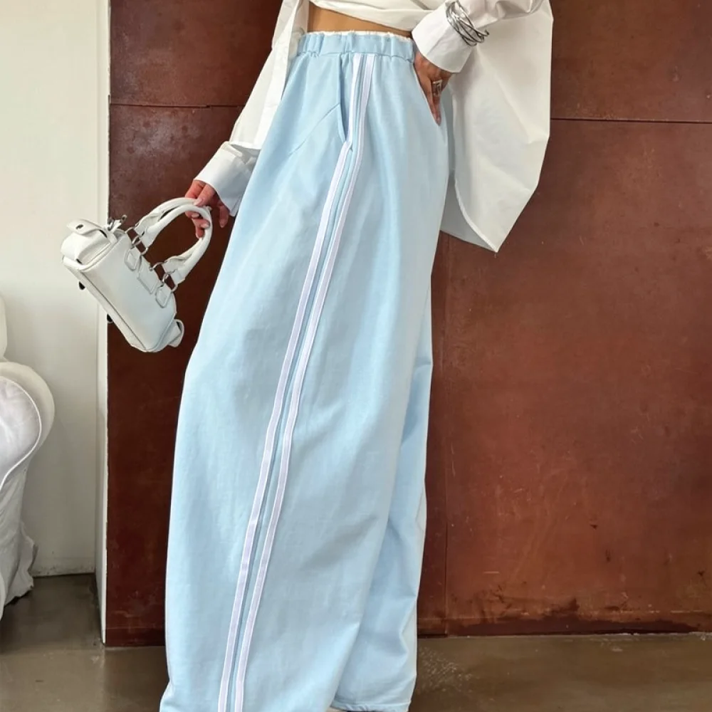 Damenhose mit Seitenstreifen, gerader Schnitt, hohe Taille, lockere Retro-Sport-Style-Hose, lässige, bodenlange, bequeme Streetwear-Hose